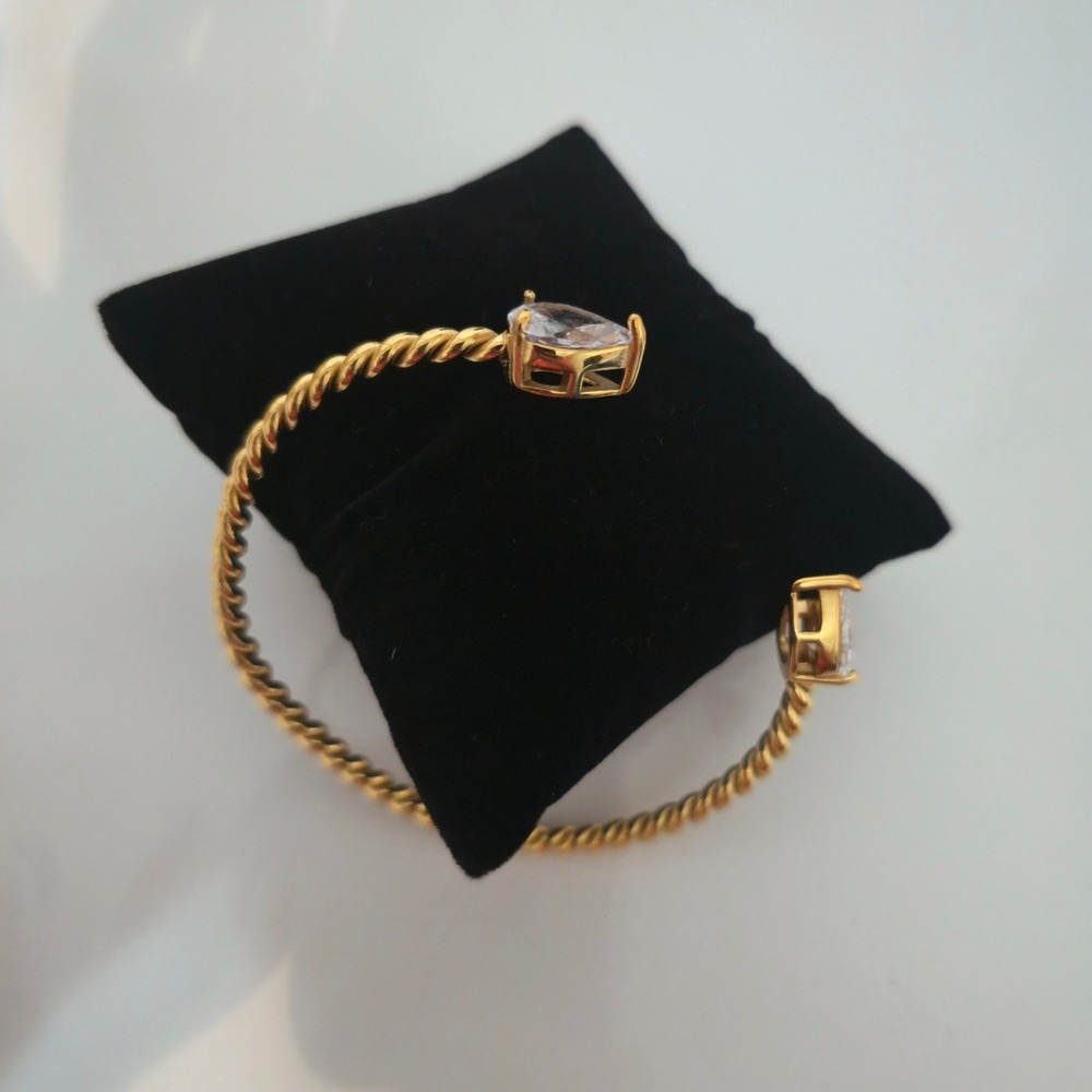 18K Gold Plated Stainless Steel Twisted Cable Cuff Bracelet CZ Pear Accents 8.5"